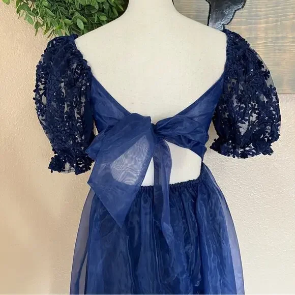 NWOT Lulus Significant Splendor Navy Organza Pleated Puff Sleeve Midi Dr… - Picture 6 of 11